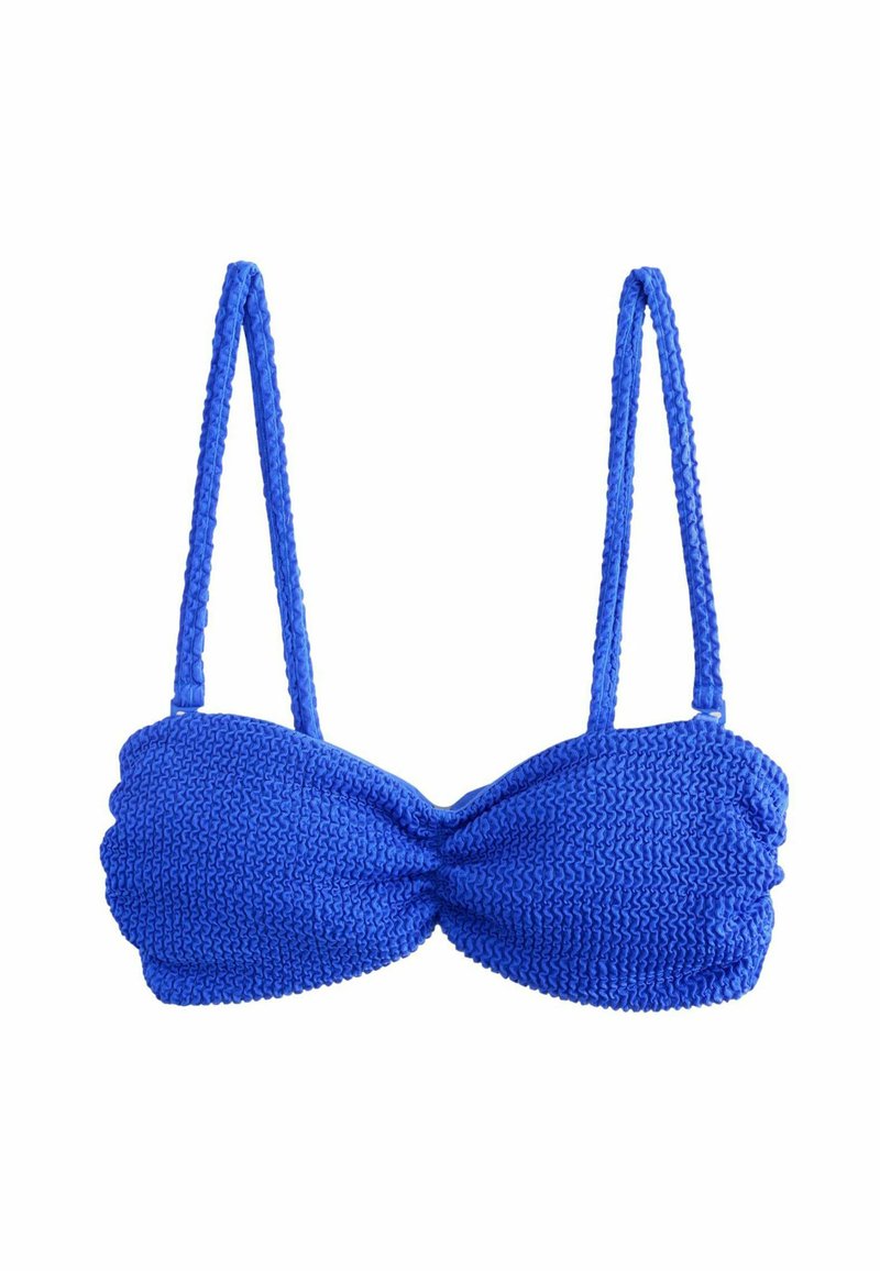 Modrá pletená bikiny podprsenka s prekrúteným predným dizajnom, nastaviteľnými štruktúrovanými ramienkami a hladkým povrchom, s nariasenými detailmi.