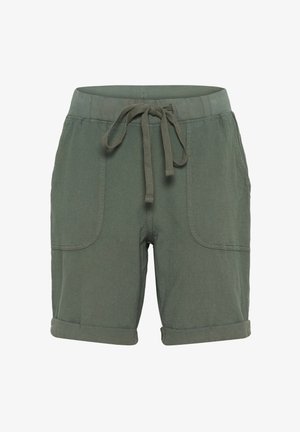 Pantalones cortos de algodón verde con cintura elástica, cordón ajustable y dobladillos enrollados. Cuenta con dos bolsillos laterales para almacenamiento.