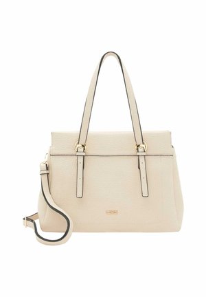 Sac à main en cuir beige avec deux poignées supérieures et une bandoulière amovible. Dispose de ferrures dorées discrètes et d'accents en passepoil noir.