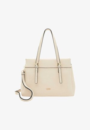 Sac à main en cuir beige avec deux poignées supérieures et une bandoulière amovible. Dispose de ferrures dorées discrètes et d'accents en passepoil noir.
