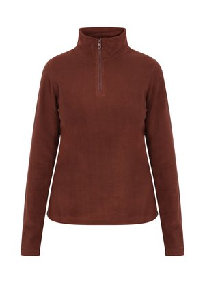 Pullover in pile marrone con collo a mezza zip, maniche lunghe e una texture morbida. Caratterizzato da un design essenziale e privo di motivi visibili.
