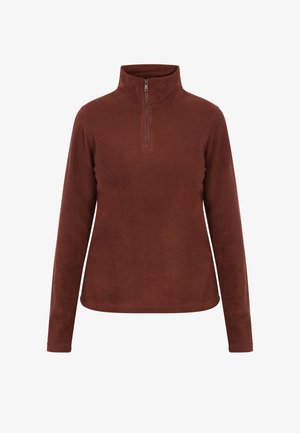 Pullover in pile marrone con collo a mezza zip, maniche lunghe e una texture morbida. Caratterizzato da un design essenziale e privo di motivi visibili.
