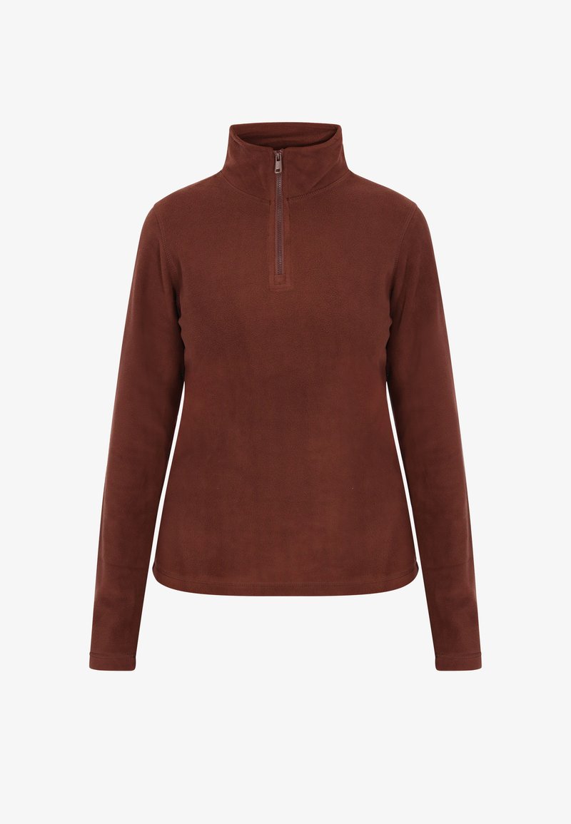 Hnědý fleecový pulovr s polovičním zipem, dlouhými rukávy a jemnou strukturou. Nabízí elegantní design a žádné viditelné vzory.