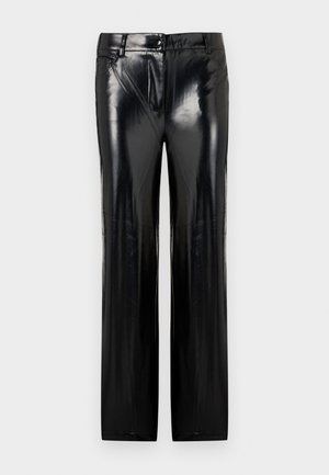 Μαύρο παντελόνι από τεχνόδερμα με γυαλιστερή φινίρισμα, διαθέτοντας ίσια γραμμή, φερμουάρ στο μπροστινό μέρος και πέντε τσέπες. Λείος υφάσματος, χωρίς ορατά σχέδια.