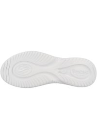 Weißer Gummisohlen mit strukturierten Rillen für Traktion, versehen mit einem geprägten kreisförmigen Logo und Markennamen. Glattes und flexibles Design.