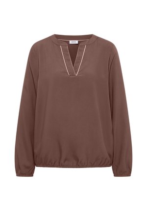 Blouse marron à manches longues avec découpe en V et bordure beige clair, poignets élastiques et ourlet élastique, étiquette de la marque au col.