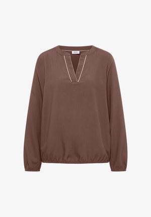 Bruine blouse met lange mouwen, een V-halsuitsnijding en lichtbeige bies, elastische manchetten en een elastische zoom, merklabel bij de kraag.