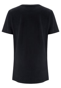 Black short-sleeve T-shirt made from a smooth, soft fabric. Features a classic round neckline and a simple, unadorned back design.