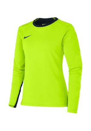 Langärmliges Sportshirt in leuchtendem Limettengrün mit schwarzem Rundhalsausschnitt und Nike-Logo auf der Brust und innen am Kragen.