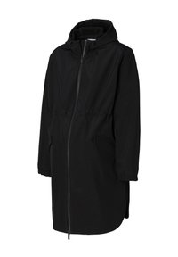 Svart vattentålig jacka med huva, elastiska ärmslut, frontdragkedja, åtstramad midja och två sidofickor med en slät yta.