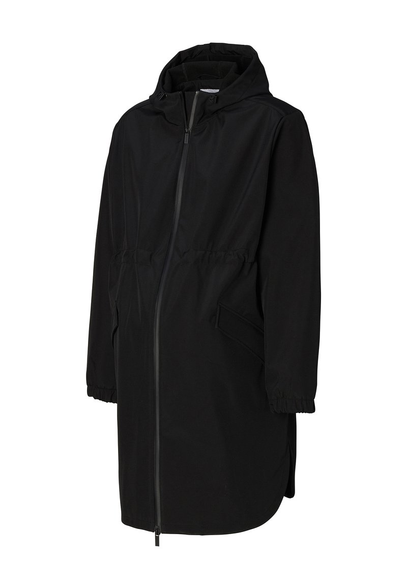 Schwarze wasserdichte Jacke mit Kapuze, elastischen Bündchen, Frontreißverschluss, tailliertem Schnitt und zwei Seitentaschen mit glatter Textur.