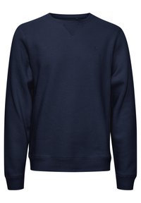 Navy blue crewneck sweatshirt made of cotton blend, featuring a subtle logo, ribbed cuffs, and a smooth texture with minimal seams.