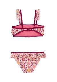 Virágmintás, két részes bikini rózsaszín és sárga árnyalatokban. A top ráncolt pántokkal és hátul csattal rendelkezik; az aljának ráncolt szélei vannak. Puha anyag.
