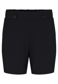 Svarta högmidjade shorts med elastisk midjeband och dekorativa knappar på framsidan, tillverkade av ett mjukt tyg.