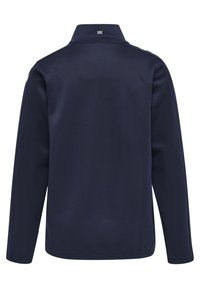 Veste en polaire marine avec col montant, manches longues et texture lisse. Présente un petit logo au niveau de l'arrière du col.