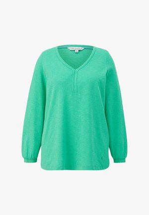 Zeleni dugi rukav V-izrez bluzon s teksturiranim površinom, s malim kopčanjem i elastičnim manžetama. Tkanina je mekana i lagana.