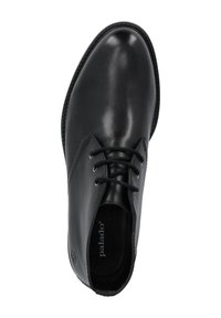 Scarpa da uomo in pelle nera con finitura liscia, punta rotonda, design con lacci e dettagli cuciti lungo la suola. Logo visibile all'interno.