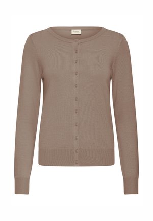 Cardigan marron clair, texture côtelée, manches longues, encolure ronde. Doté d'une rangée de boutons sur le devant et d'un ourlet ajusté.