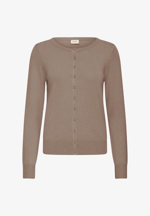 Heledalt pruun kardigan, sooniktekstuuriga, pika varrukaga, ümara kaelusega. Esiosal on rida nööpe ja mudelil on keha vormiv alumine serv.