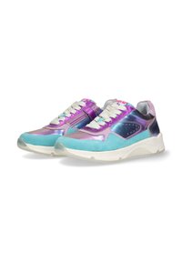 Multikleurige sneakers met een gladde, iriserende afwerking in tinten blauw, paars en roze, met een gestructureerde zool en vetersluiting.