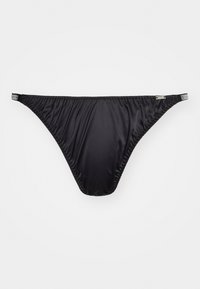Zwarte bikini broek met een gladde, rekbare stof. Kenmerkt een hoge uitsnijding en gathers aan de zijkanten, wat zorgt voor minimale bedekking.