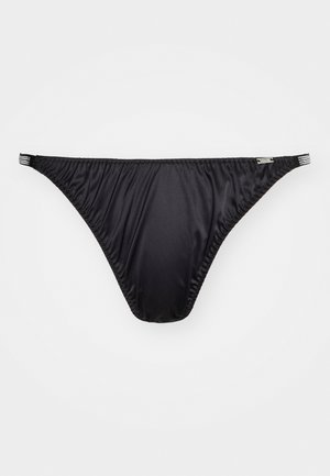 Zwarte bikini broek met een gladde, rekbare stof. Kenmerkt een hoge uitsnijding en gathers aan de zijkanten, wat zorgt voor minimale bedekking.