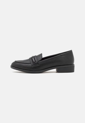 Sorte læder loafers med lav hæl, med dobbeltremdesign på overdelen og en glat tekstur. Enkel, elegant form.