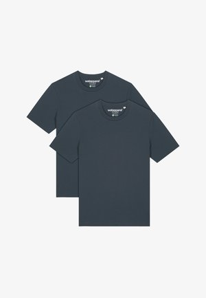 Two crew neck t-shirts in dark gray, featuring short sleeves, a smooth texture, and a label reading "wat apparel" on the collar.