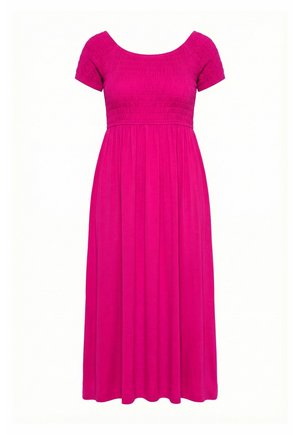 Helles pinkfarbenes Midi-Kleid mit kurzen Ärmeln, gerafftem Oberteil und einem angesetzten Rock, entworfen für legere oder halb-formelle Anlässe.