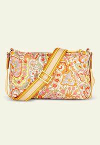 Umhängetasche aus Stoff mit einem bunten Blumenmuster in orange, pink und gelben Akzenten; ausgestattet mit einem gestreiften gelben Gurt.