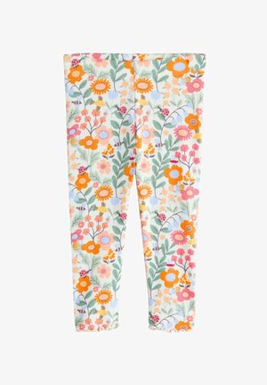 Blomstrede leggings i en ribbet tekstur med et udvalg af rosa, orange og blå blomster på en lysegrøn baggrund.