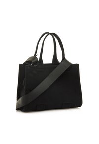 Zwarte canvas tote bag met dubbele korte handvatten en een afneembare schouderriem. Kenmerkt zich door een gestructureerde vorm en een ritsluiting.