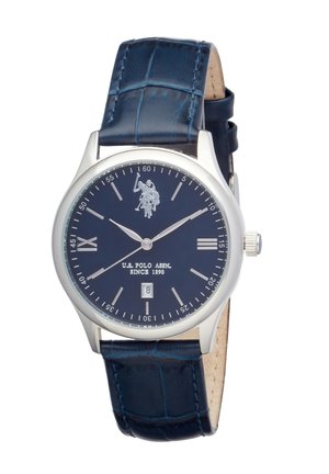 Orologio tondo argento U.S. Polo Assn. con quadrante blu navy e cinturino in pelle, indici argento, finestra per la data e logo del giocatore di polo alle 12.