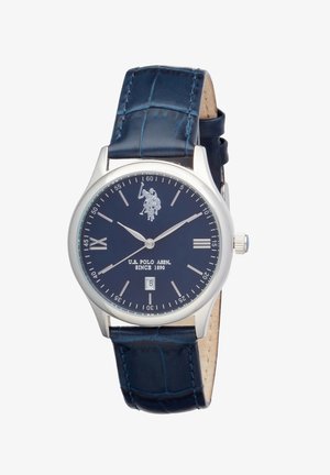 Orologio tondo argento U.S. Polo Assn. con quadrante blu navy e cinturino in pelle, indici argento, finestra per la data e logo del giocatore di polo alle 12.