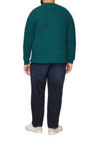 Teal lange mouwen trui met een ronde hals en geribbelde manchetten, gecombineerd met donkerblauwe jeans en witte sneakers. Glad textuur, casual pasvorm.
