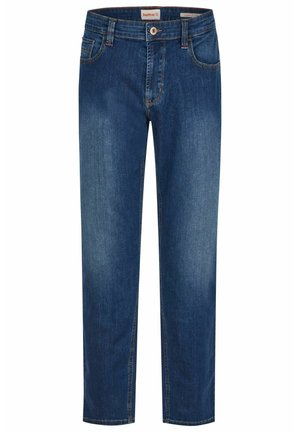 Jeansy z niebieskiego denimu o prostych nogawkach z przednimi kieszeniami, zapięciem na guzik i szlufkami, z lekkim wyblaknięciem koloru na udach.