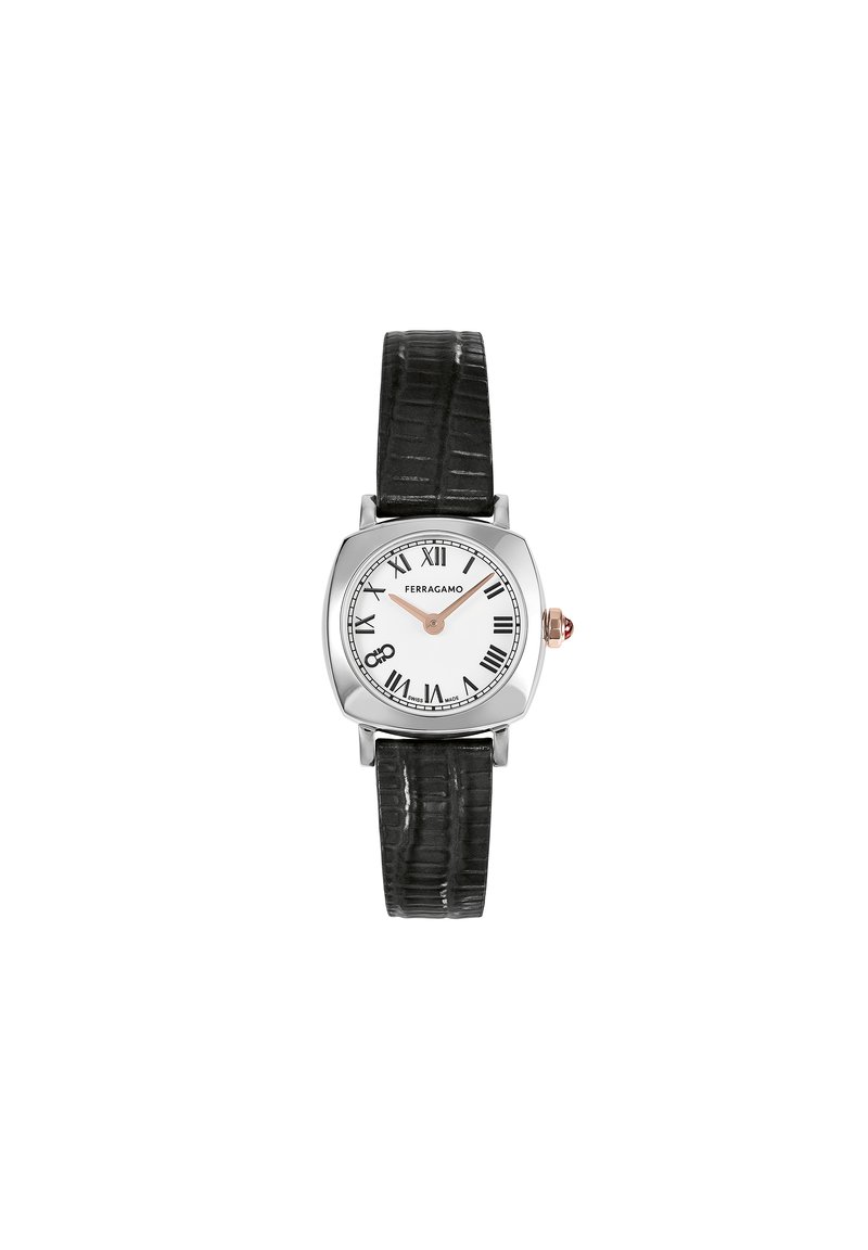 Square women's watch with silver stainless steel case, white dial, black Roman numeral markers, and a textured black leather strap.