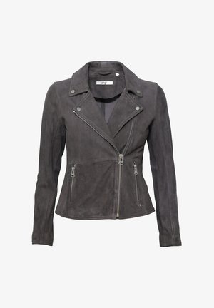 Graue Wildleder-Motorradjacke mit asymmetrischem Reißverschluss, Reverskragen und Reißverschlusstaschen. Weiche Textur, taillierte Passform und maßgeschneiderte Ärmel.