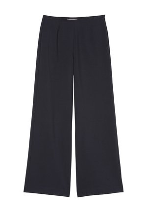 Pantalons larges bleu marine en tissu doux, dotés de plis à l'avant et d'une ceinture lisse avec une fermeture éclair discrète.
