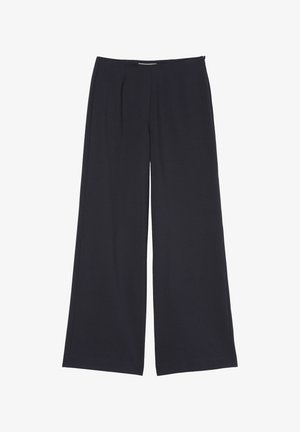 Tumed laiad püksid, mis on valmistatud pehmest kangast, ees on voldid ning sujuv vöökoht diskreetse tõmbluku sulgemisega.