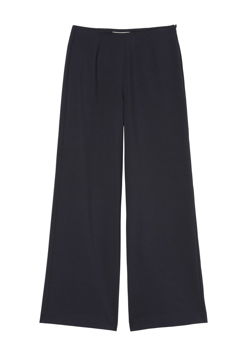 Marinefarbene weite Hosen aus weichem Stoff, mit Falten an der Vorderseite und einem glatten Bund mit einem diskreten Reißverschluss.