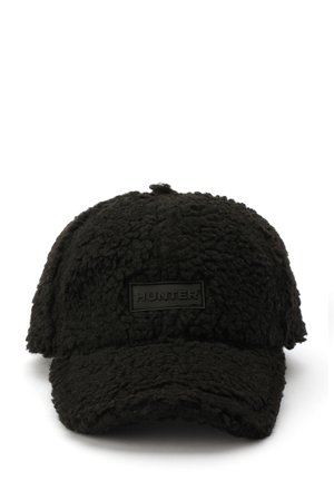 Sort textured baseballkasket med et "HUNTER" logo patch centreret på frontpanelet, vist mod en hvid baggrund.