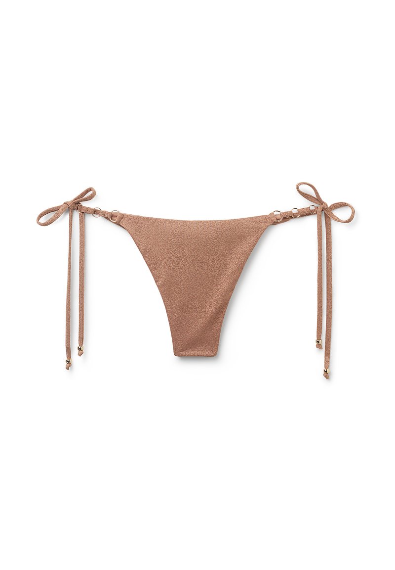Brauner Bikini-Unterteil mit Bindebändern an jeder Seite, aus strukturiertem Stoff und kleinen goldfarbenen Akzenten an den Bändern.