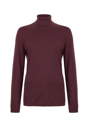 Vinröd polotröja gjord av mjukt, lent material; har långa ärmar och en figursydd design utan synliga mönster eller dekorationer.