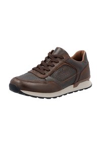 Sneaker in pelle marrone con pannelli laterali texturizzati, lacci frontali, colletto imbottito e suola in gomma bianca con battistrada nera.