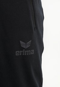 Pantalons de sport noirs avec une texture lisse, dotés d'une poche zippée et d'un logo "erima" gris foncé discret au bas de la jambe.