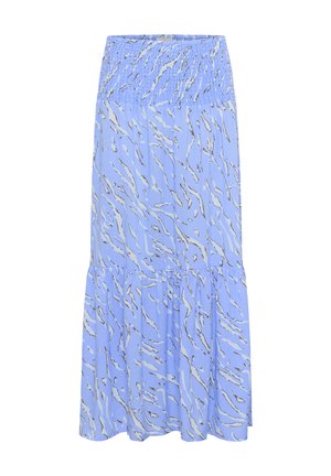 Svetlo modra krila s gubanim pasom, ki ima tekoč dizajn in valovit siv vzorec; do kolen z razširjenim robom.