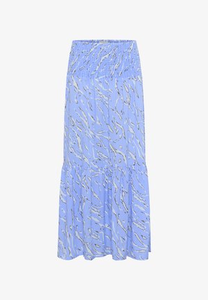 Lichtblauwe rok met een smock-binnenband, met een vloeiende ontwerp en een golvende grijze patroon; knielengte met een uitlopende zoom.