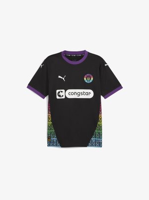Kit de football noir à manches courtes, avec un design latéral en dégradé multicolore, des accents violets et des impressions de logo. Comprend un short et des chaussettes.