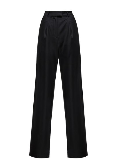Zwart high-waisted pantalon met plooien aan de voorkant en een recht model.